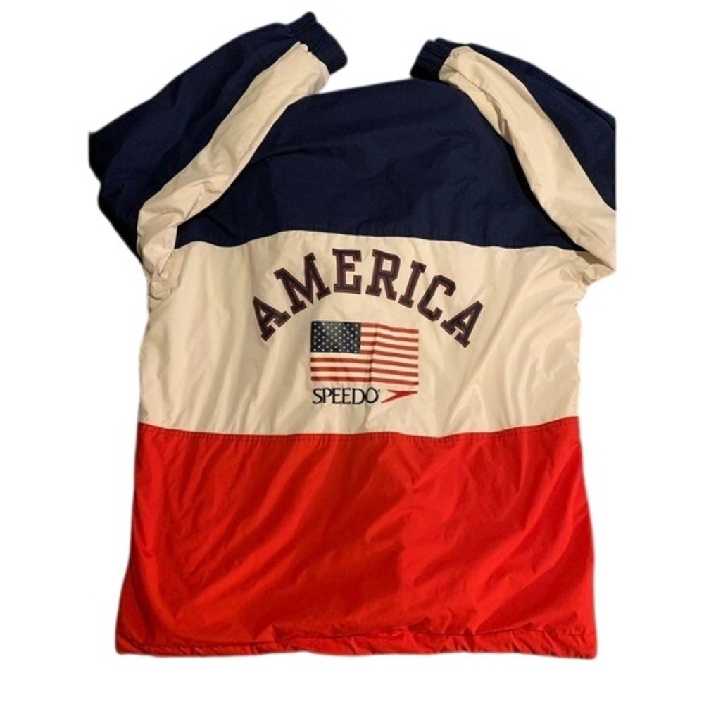 Speedo Men's USA Flag Windbreaker Jacket Hooded Navy White Red Size L